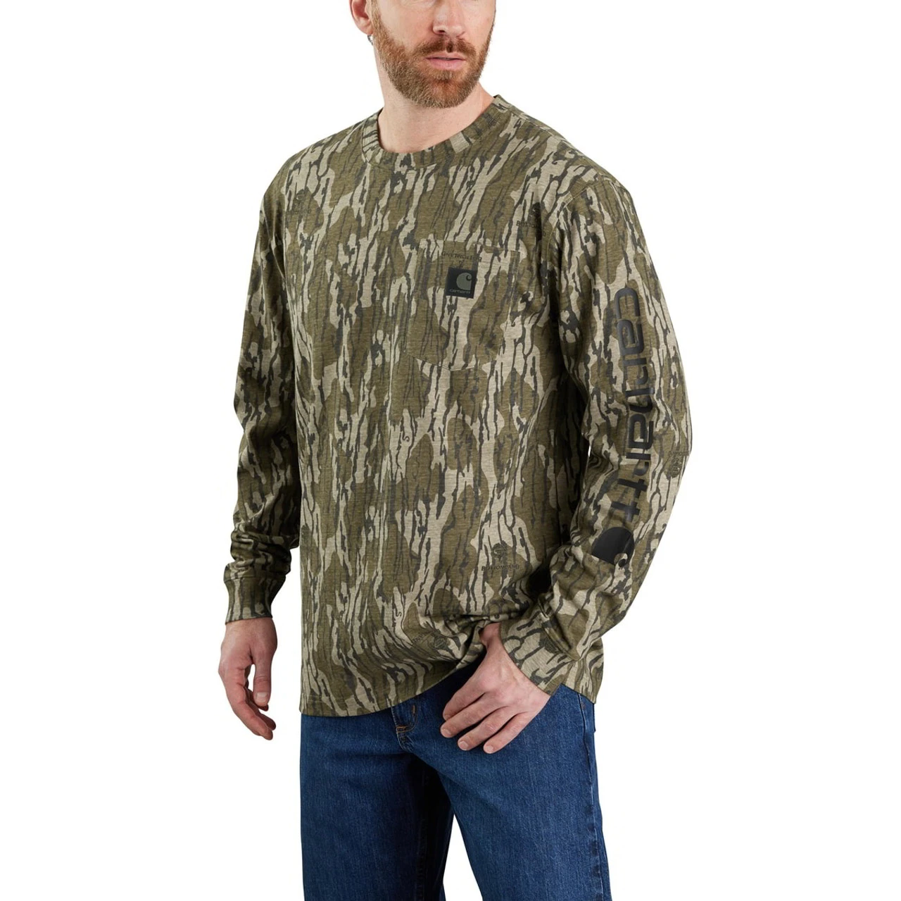 Carhartt Mens Mossy Oak Bottomland Camo Loose Fit Heavyweight Long Sleeve Pocket Graphic T-Shirt 1 Carhartt Mens Mossy Oak Bottomland Camo Loose Fit Heavyweight Long Sleeve Pocket Graphic T-Shirt