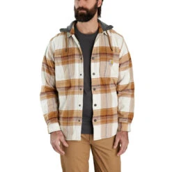 Carhartt Mens Rugged Flex Relaxed Fit Flannel Fleece Lined Hooded Shirt Jac